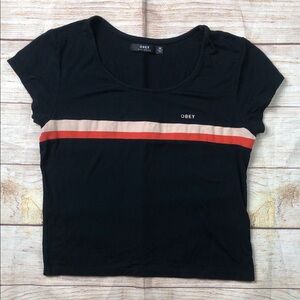 Obey Black Tee with Red and Tan Stripes